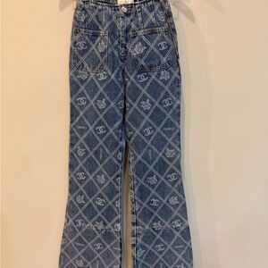 CHANEL Blue Flare Jeans with Logo Pattern